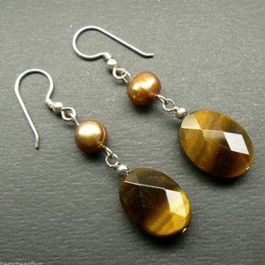 Tigers Eye & Brown Pearl Sterling Silver Earrings